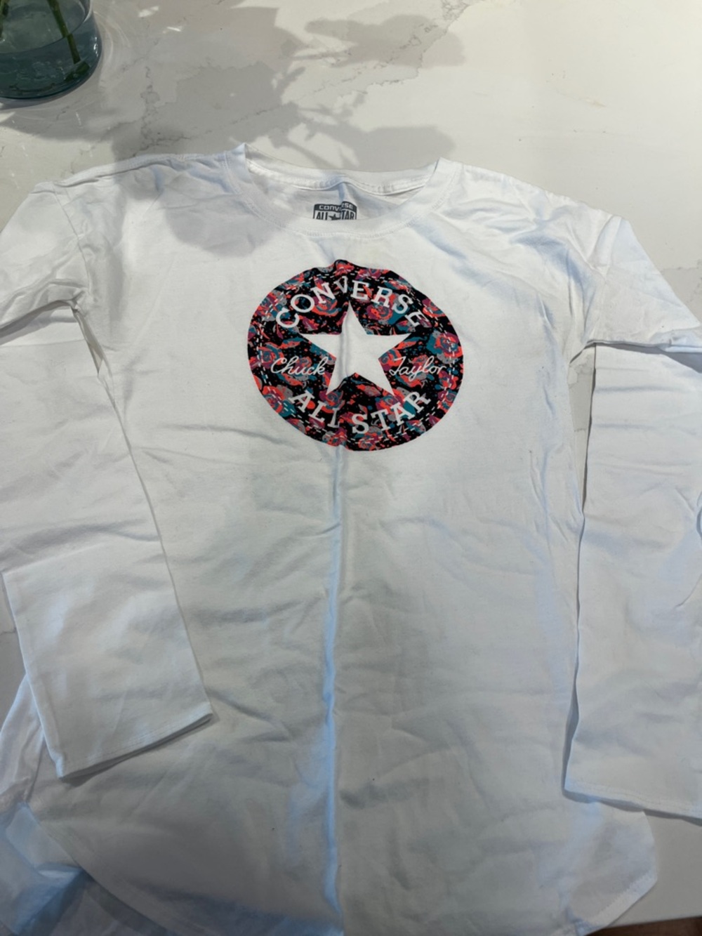 Converse White Long Sleeve Tee with Multicolor Floral Star Logo